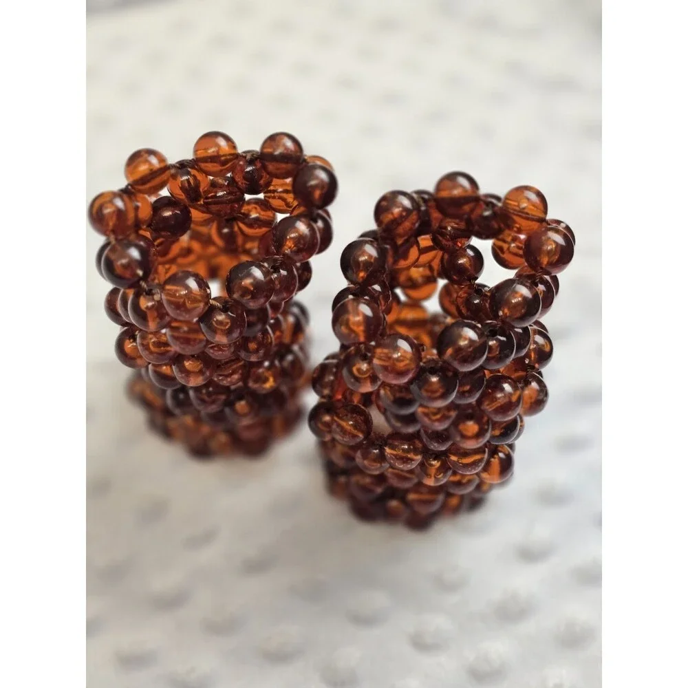 Vintage Amber Beaded Napkin Ring Set Of 8 Mid Century Modern Resin 3 Strands Lot